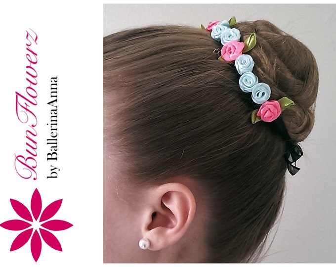 BunFlowerz Blue and Pink Rosette BunWreath  ballet wrap, ribbon roses bun wrap, bun flower, blue hair garland, bun crown)