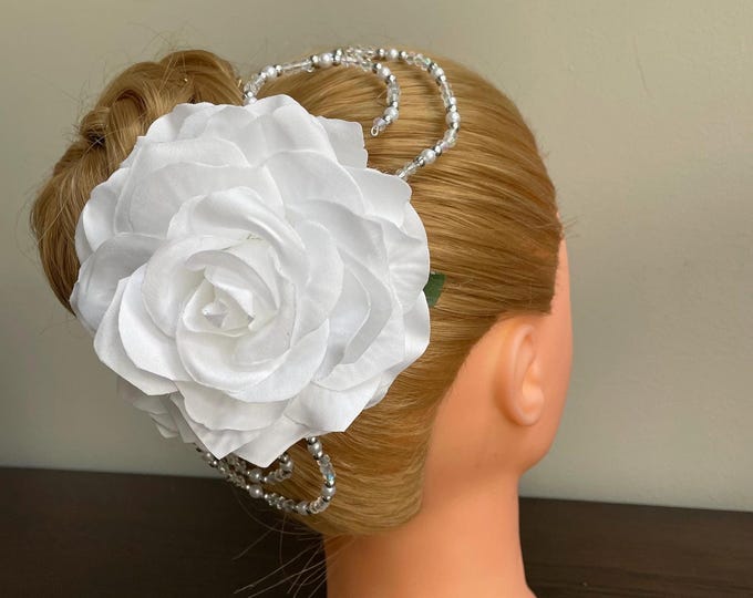 White Rose Ballet Headpiece: Silver Pearl Beaded Hair Flower