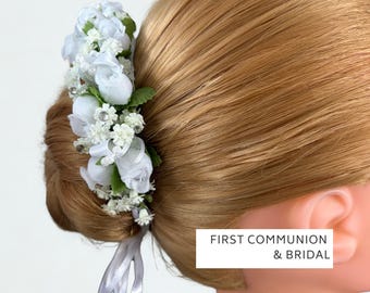 White Flower Crown, Communion Hair Wreath, Flower Girl Headpiece