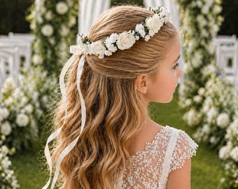 Ivory Flower girl crown, first communion halo, floral hair wreath