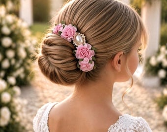 Pink Rose Flower Girl Hair Piece, Bridal Bun Wrap, Ballet Accessory, first communion