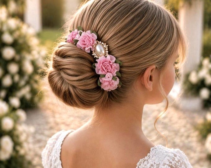 Pink Rose Flower Girl Hair Piece, Bridal Bun Wrap, Ballet Accessory, first communion