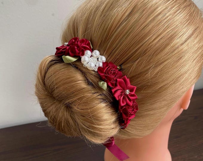 BunFlowerz Paquita Gamzatti Burgundy BunWrap (burgundy bun pin, burgundy jewel hair piece, paquita ballet wrap, gamzatti hair garland)