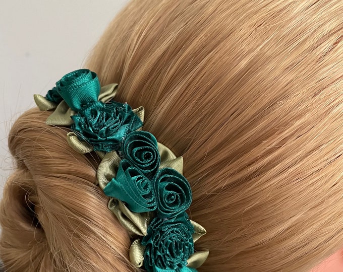 BunFlowerz Esmerelda Green Floral BunWrap (Hunter green hair garland, bunflowers, Esmerelda Head piece, green ballet wrap, green hair crown)