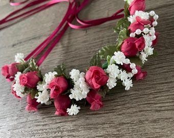 BunFlowerz YAGP Paquita Hair Piece (peasant hair garland, gamzatti buncrown, paquita bun garland, burgundy ballet headpiece, flower garland)