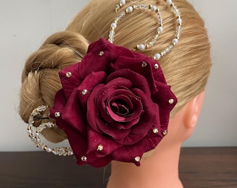 BunFlowerz Paquita Burgundy Rhinestone YAGP Headpiece (large dark red velvet hair flower, Spanish rose ballet hairpiece, Don Quixote flower)