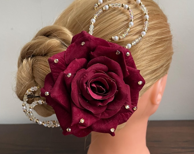 BunFlowerz Paquita Burgundy Rhinestone YAGP Headpiece (large dark red velvet hair flower, Spanish rose ballet hairpiece, Don Quixote flower)