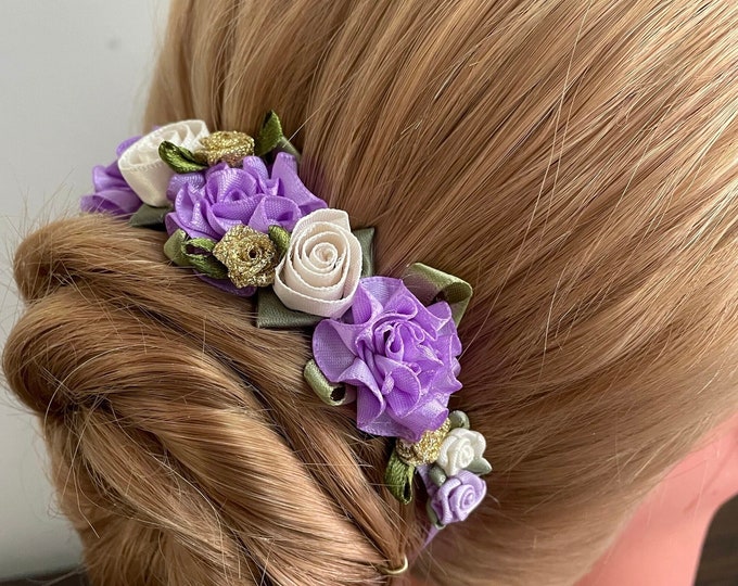 Lavender and Gold BunWreath (waltz of flowers hair, lilac fairy hairpiece)