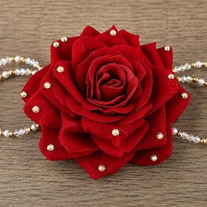Könnte beinhalten: Eine tiefrote Samtrose als Blumenaccessoire mit mehreren geschichteten Blütenblättern, die mit kleinen, klaren, funkelnden Strasssteinen verziert sind. Zwei zarte Stränge aus weißen Perlen und klaren facettierten Perlen ragen seitlich hervor.