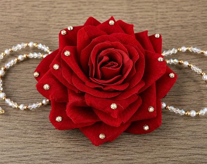 Red Rose Rhinestone Dance Hair Flower, Ballet Headpiece, Ballroom Accessory