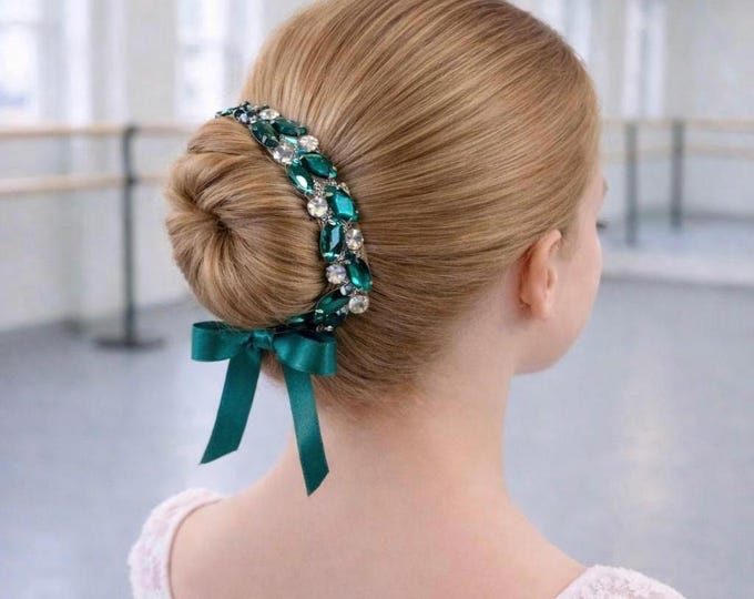 Green Rhinestone Bun Wrap: Esmerelda Ballet Hair Piece, Dance Recital Bunwrap