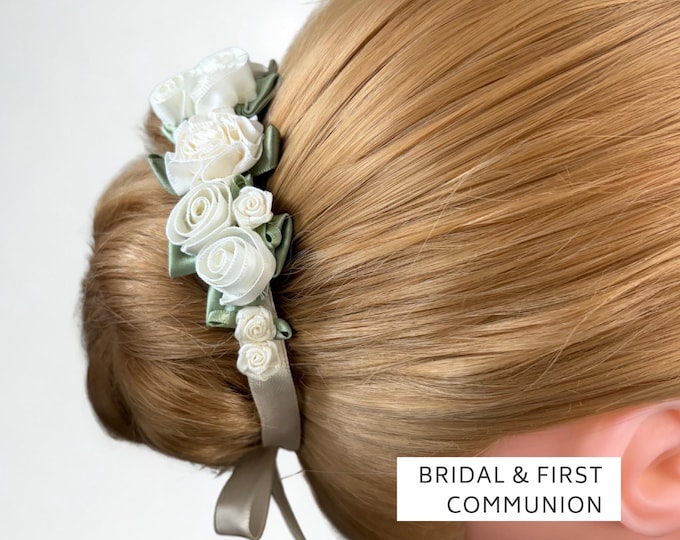 First Communion Hair Wreath - Ivory Floral Bridal Bun Wrap: Flower Girl Hair Piece