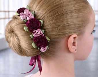 Burgundy Floral Ballet Bun Wrap, Satin Roses Dance Hair Accessory