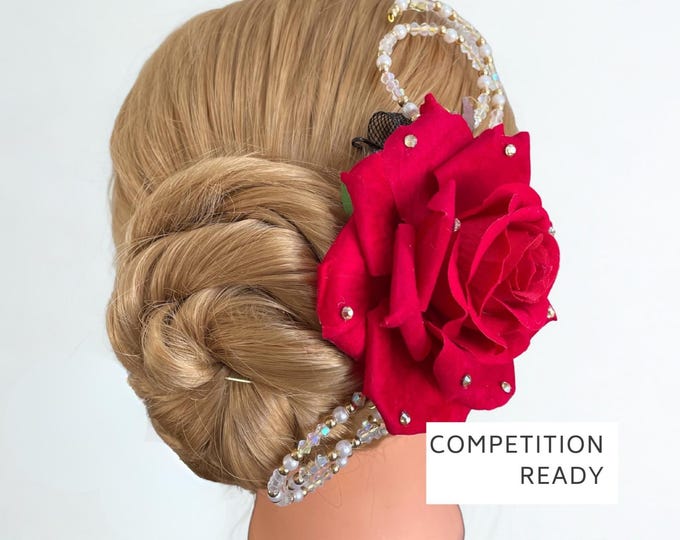 Red Rose Dance Hair Piece for Competition, Kitri Ballet Headpiece, Paquita Hair Flower