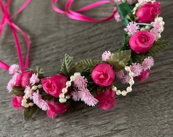 Coppelia Ballet Hair Piece: Fuchsia Flower Crown, Bun Wrap