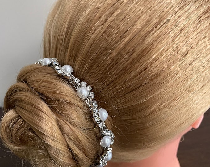 BunFlowerz Silver Pearl Rhinestone BunWrap (crystal ballet wrap, bridal BunWrap, bun crown, bridal hairpiece, rhinestone head band)