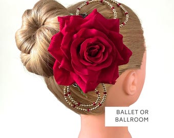 Red Rose Ballet Headpiece: Paquita, Kitri, Spanish Flower, Beaded Competition hair bun Accessory