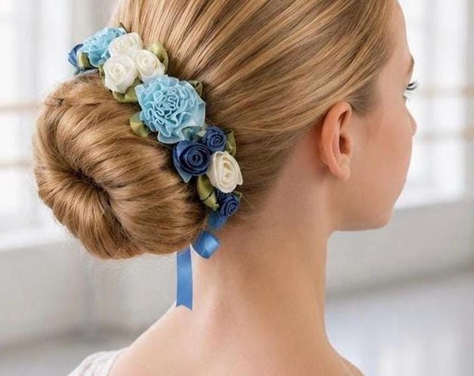 Giselle Blue Floral BunWrap Collection, Dance Bun Hairpiece, Ballet Hair Accessory