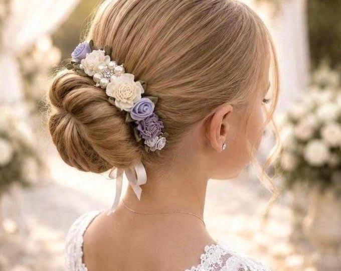 Dusty Lavender Flower Girl Bun Wrap, Lilac Floral Hair Accessory, Junior Bridesmaid Hairpiece