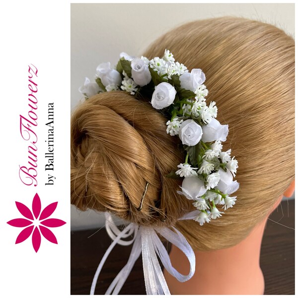 White Flower Garland (bridal bun garland, coppelia head piece, bridal floral garland, first communion head piece, white flower crown)