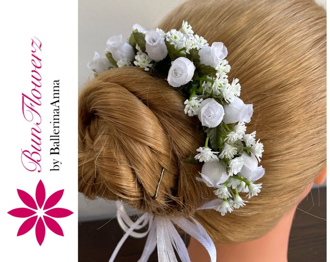 White Flower Garland (bridal bun garland, coppelia head piece, bridal floral garland, first communion head piece, white flower crown)
