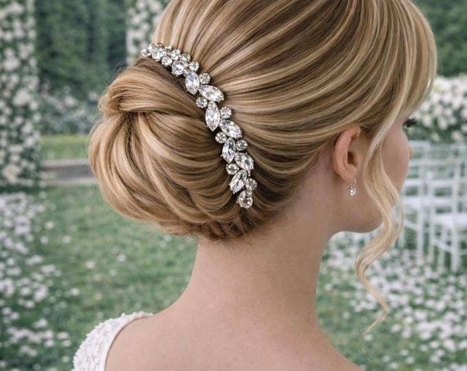 Crystal Bridal Bun Wrap, Silver Tone Wedding Hair Piece, Rhinestone Hair Accessory