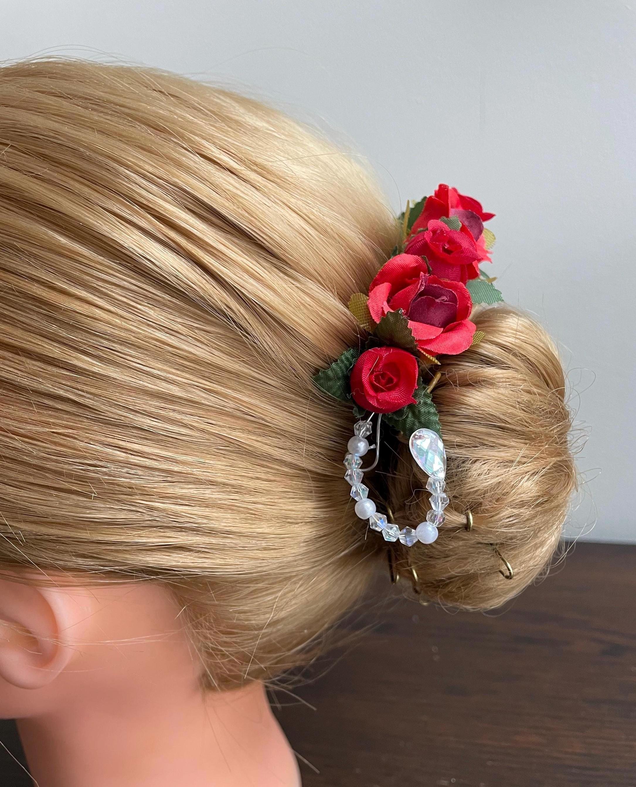 BunFlowerz Red Rose Ballet Headpiece (Spanish red rose mini garland, Awakening of Flora hair piece, Don Quixote bun crown, Laurencia flower)