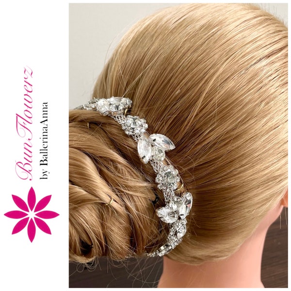 BunFlowerz Silver Rhinestone BunWrap (envoltura de ballet de cristal, pieza de cabello nupcial, corona de moño, postizo de ballet, corona de moño de diamantes)