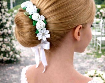 White Floral Hair Wreath for Flower Girl or First Communion – Bridal Ballet BunWrap