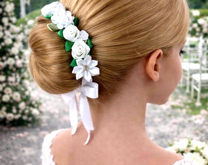White Floral Hair Wreath for Flower Girl or First Communion – Bridal Ballet BunWrap