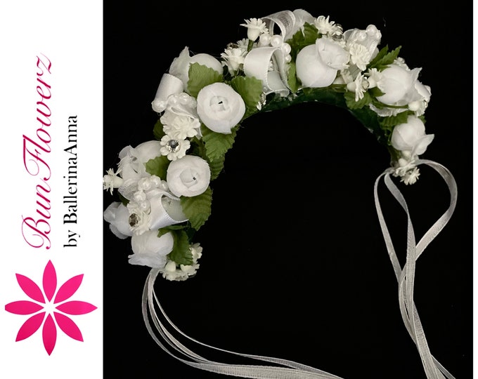 White Floral Bun Garland (bridal garland, flower girl hair piece, first communion hair piece, YAGP head piece, coppelia head piece)