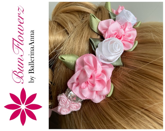 BunFlowerz  Pink and White Jewel BunWreath (pink ballet wrap, pink bun wrap, pink floral hair garland, pink bunwrap, pink bun pin, unpin)