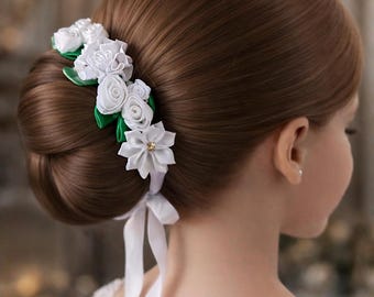 White Floral Hair Wreath for Flower Girl or First Communion – Bridal Ballet BunWrap
