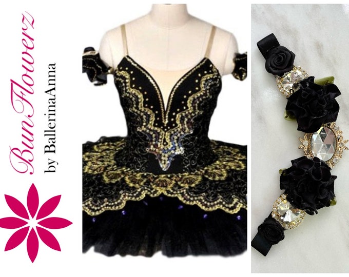 BunFlowerz Odile 3-Jewel Black BunPin (diamond ballet wrap, floral garland,  black swan bunflowers, ballet hairpiece, jewel bunwrap)