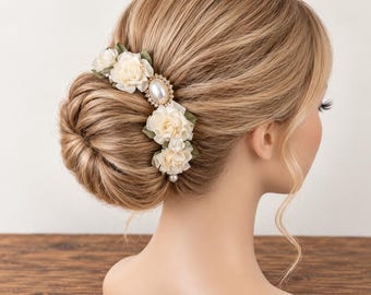 Ivory Floral Bun Hairpiece: Bridal Ballet Hair Crown with Pearl