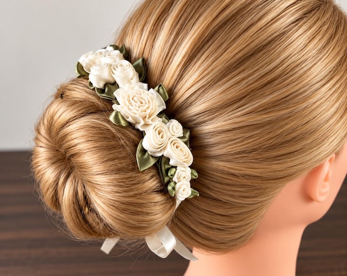 Ivory Floral Bridal Bun Wrap: Flower Girl Hair Piece, First Communion Wreath