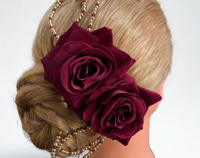 Burgundy Velvet Rose Dance Hair Piece: Beaded Paquita or Spanish Flower for competition