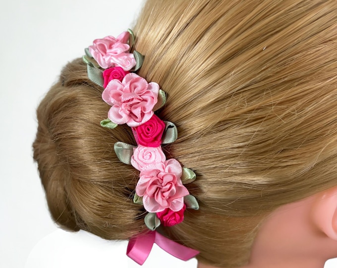 Pink Floral Rose BunWrap Collection: Dance HairPiece, Ballet Bun Flowers, Recital Hair Accessory