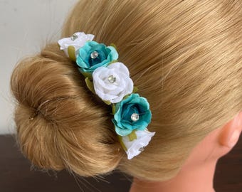 BunFlowerz Giselle Turquoise Bun Crown (Giselle mini hair garland, teal ballet hairpiece, teal flower crown, turquoise flower garland)