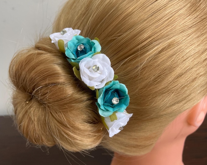 BunFlowerz Giselle Turquoise Bun Crown (Giselle mini hair garland, teal ballet hairpiece, teal flower crown, turquoise flower garland)