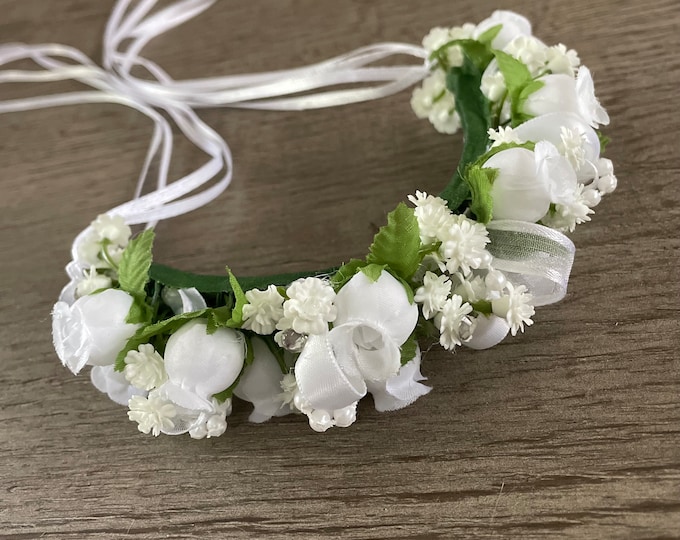 BunFlowerz White Floral Bun Garland (bridal garland, flower girl hair piece, first communion hair, YAGP head piece, coppelia head piece)