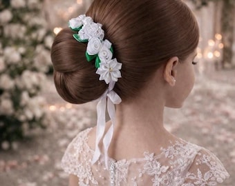 White Floral Hair Wreath for Flower Girl or First Communion – Bridal Ballet BunWrap