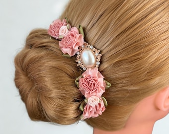 Blush Bridal Hairpiece with Pearl, ballet pink bun accessory