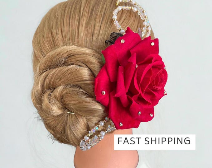 Red Rose Dance Hair Piece for Competition, Kitri Ballet Headpiece, Paquita Hair Flower