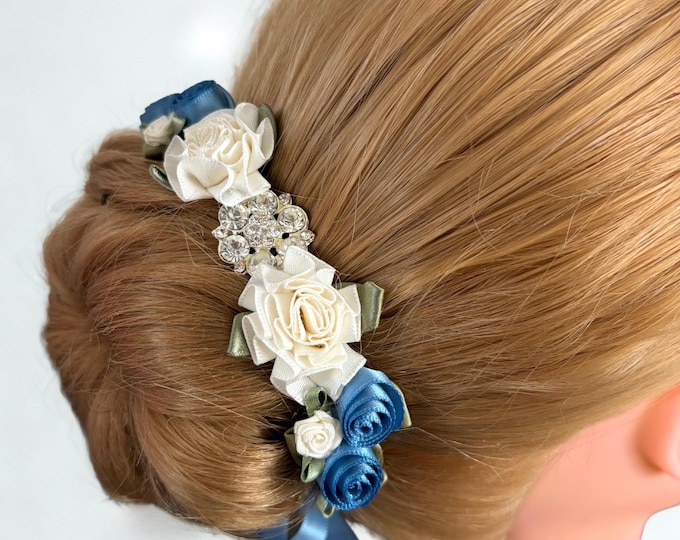 Blue Rhinestone Dance Hair Piece: Antique Blue Floral Bun Wrap, Ballet Competition Accessory