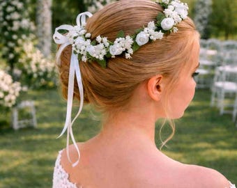 First Communion Hair Wreath, Flower girl crown, White Floral Halo with pearls