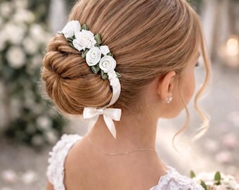 White Floral Bun Wrap for Flower Girl or First Communion – Bridal Ballet Hair Wreath
