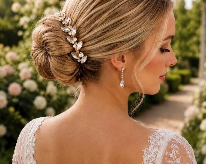 Bridal Gold Rhinestone Bun Wrap, Wedding Crystal Hairpiece for Bride