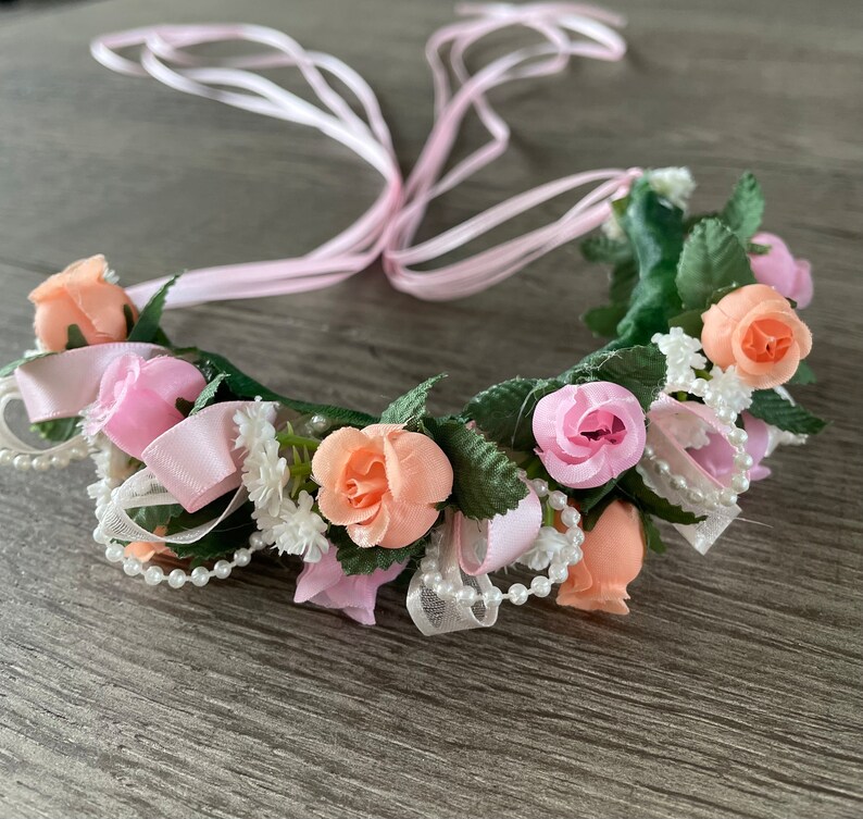 Pink and Orange Coppelia Hair Piece dew Drop Hair Garland, Peach Flower