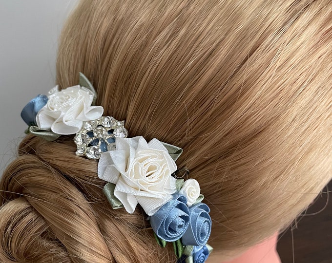 BunFlowerz Giselle Blue and Ivory Rhinestone BunWrap (antique blue ballet hairpiece, ballet wrap, floral hairpiece, hair garland, haircrown)